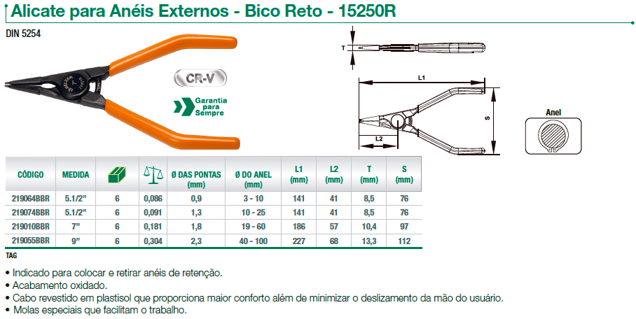 alicate para aneis externos bico reto belzer