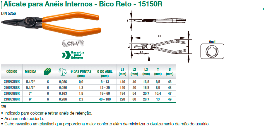 alicate para aneis internos bico reto belzer