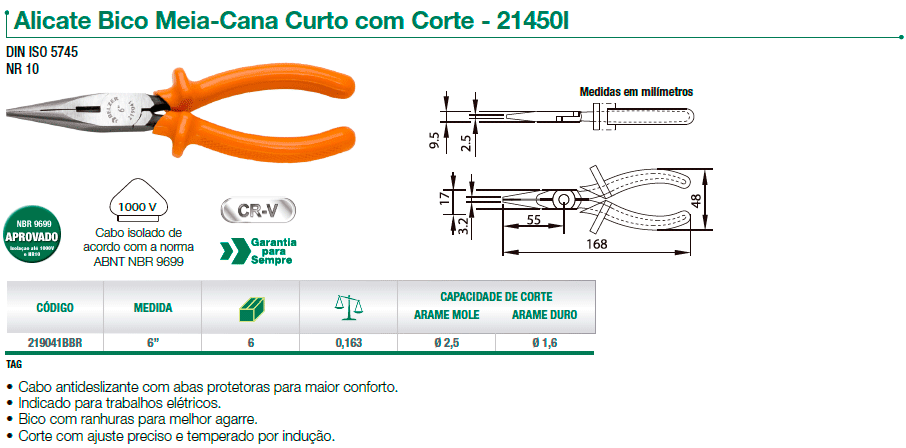 alicate bico meia cana curto com corte belzer