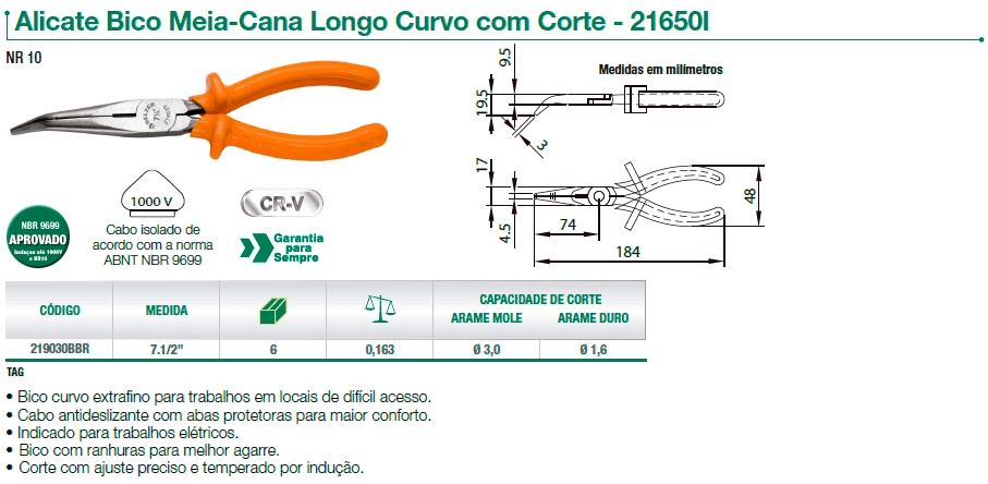 alicate bico meia cana longo curvo com corte belzer