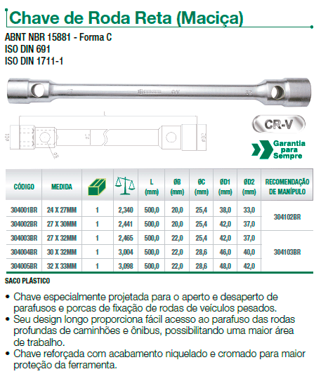 Chave de roda reta (maci�a) belzer