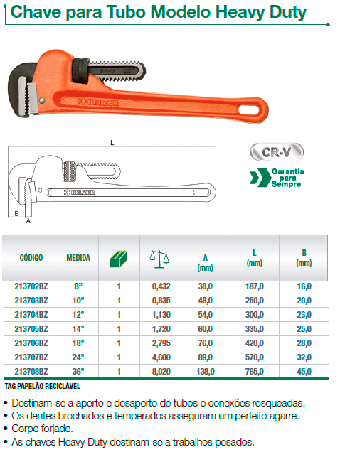 Chave para tubo modelo heavy duty belzer