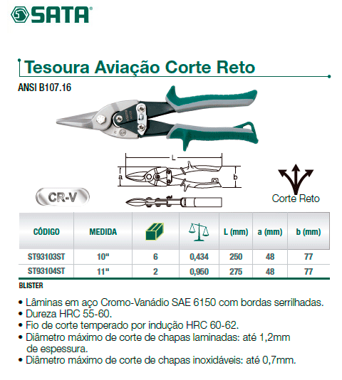 Tesoura aviação corte reto - SATA